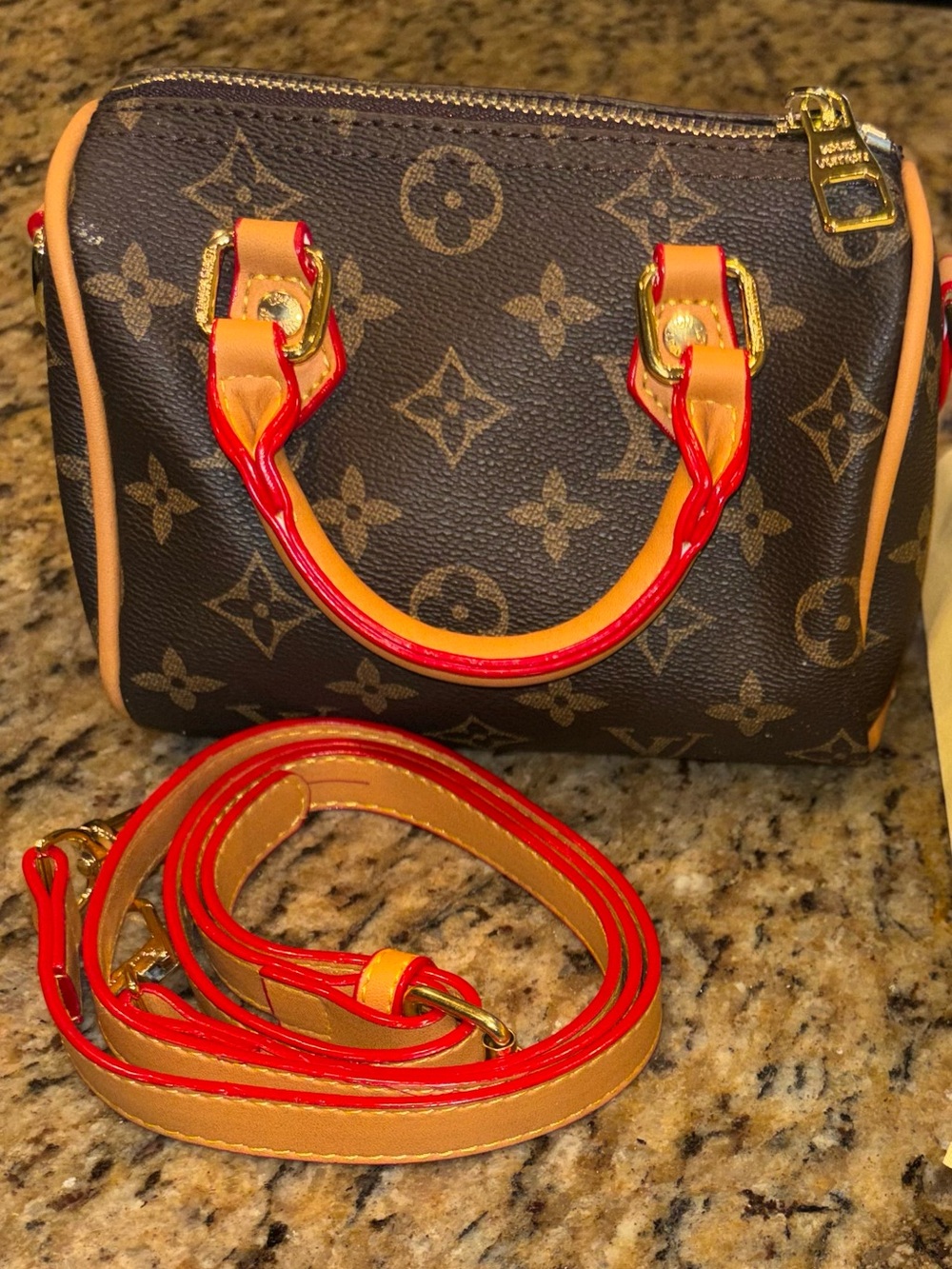 Brown Monogram Satchel with Red-Orange Handles - Picture 2 of 9
